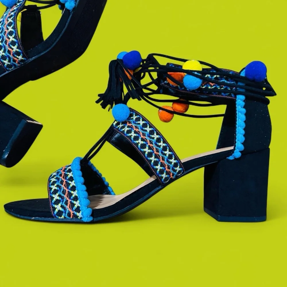 Boho Tropical Colorful BAMBOO Colorful Pom Pom Block Heel Sandals Lace Up 9 NEW